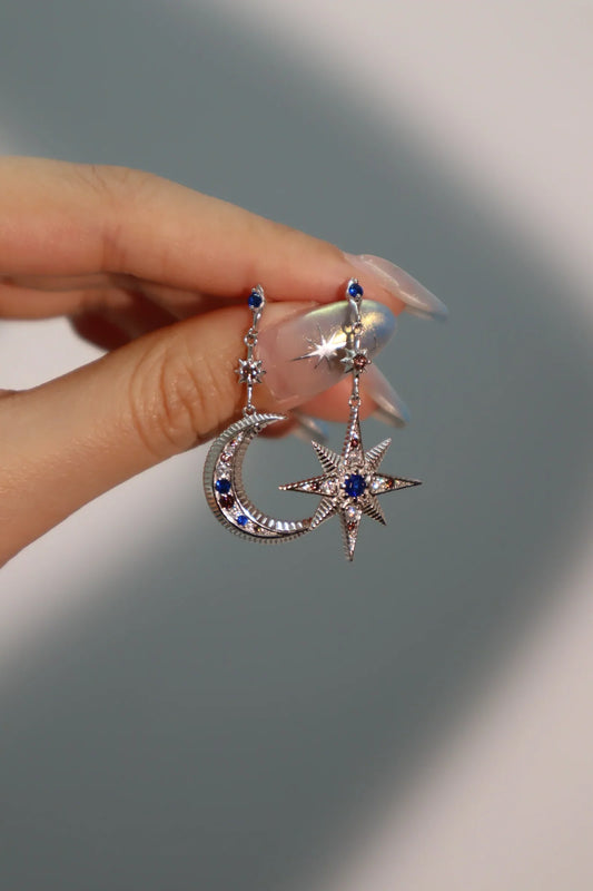 Gümüş Ay Yıldız Taşlı Küpe